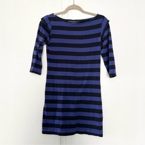 French Connection Womens Blue and Black Striped Dress Shirt Mid-Sleeve Small